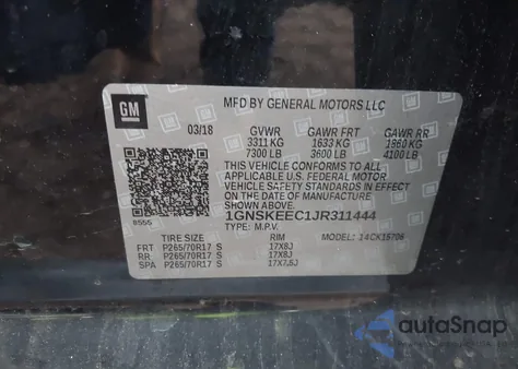 2018 Chevrolet Tahoe Commercial Fleet from USA, damaged, VIN 1GNSKEEC1JR311444